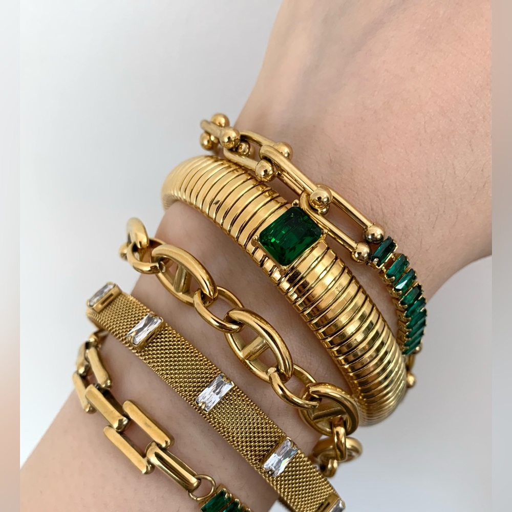 18k Gold Plated Over Stainless Steel Bangle - Emerald - Picture 2 of 5